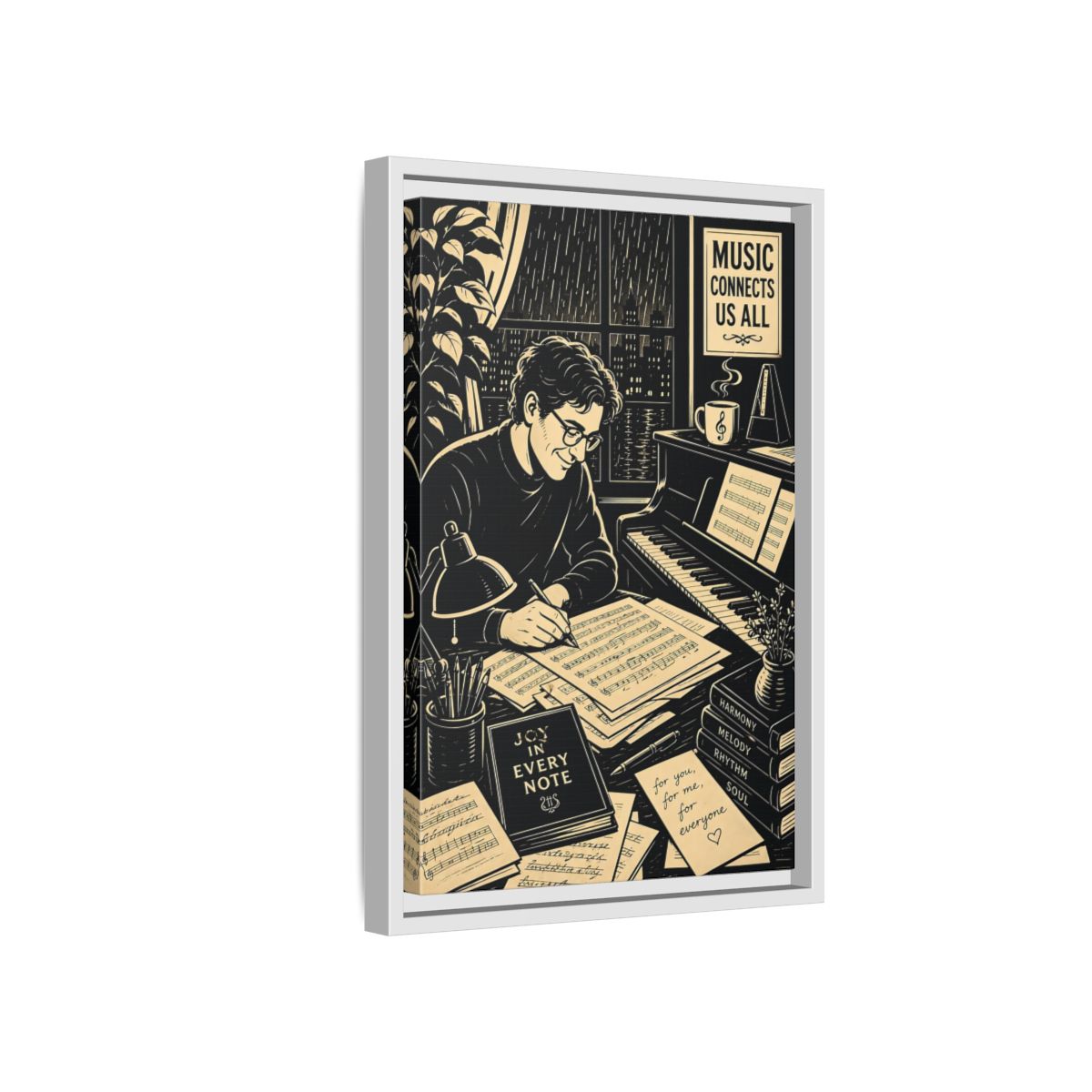 Side Mockup 4. Joy In Every Note shown as framed canvas print