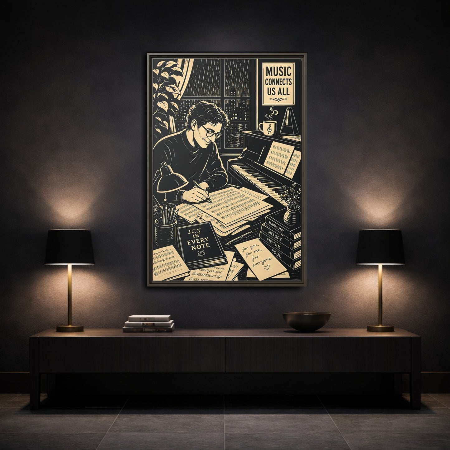 Mockup 3. Joy In Every Note shown as framed canvas print
