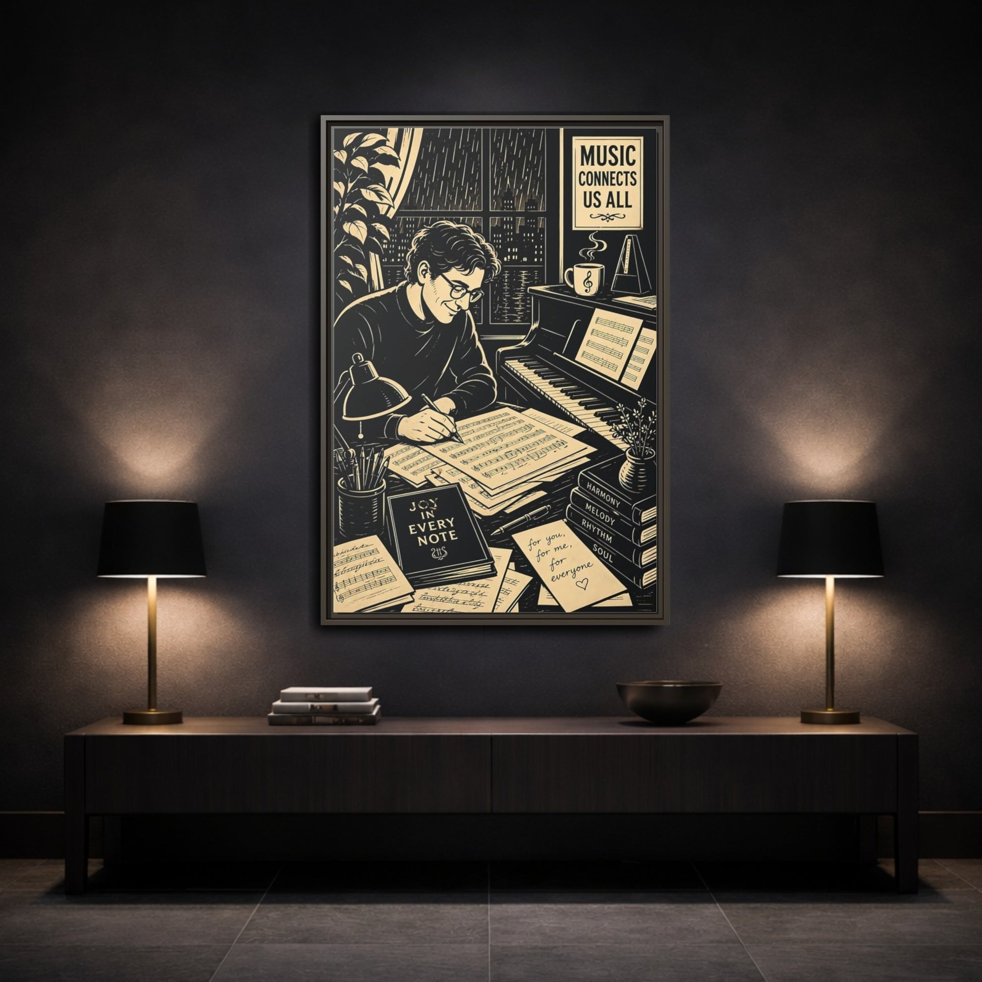 Mockup 3. Joy In Every Note shown as framed canvas print