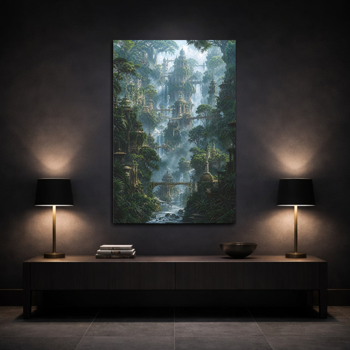 Mockup 3. Jungle City Ruins shown as canvas print