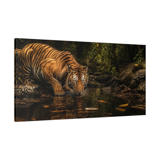 Main Mockup. Jungle Tiger Drinking shown as canvas print
