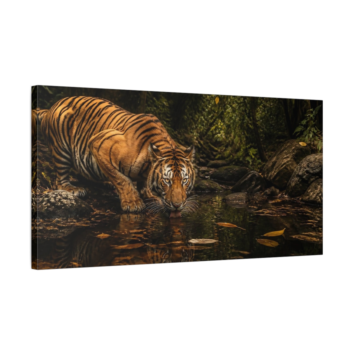 Side Mockup 1. Jungle Tiger Drinking shown as canvas print