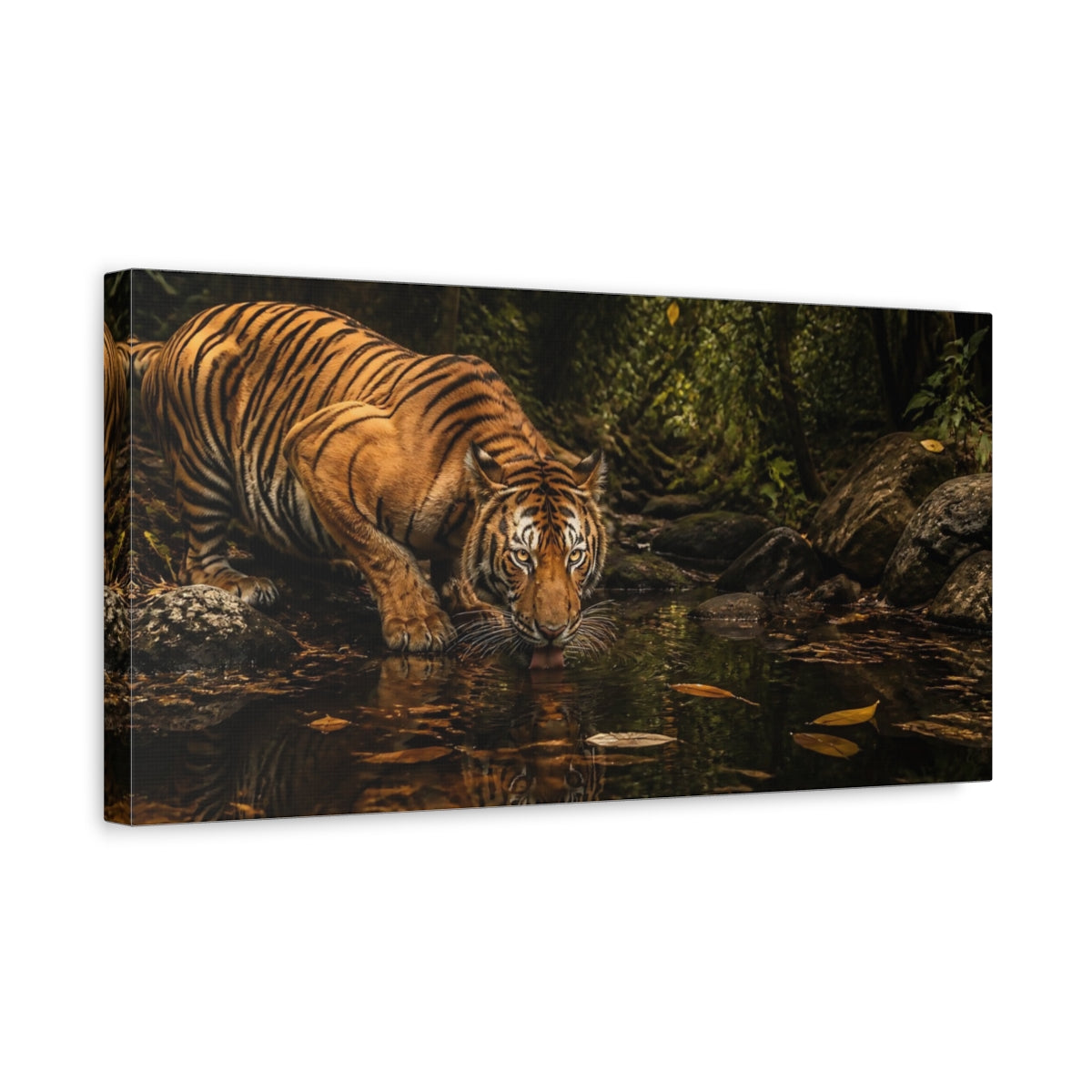 Side Mockup 3. Jungle Tiger Drinking shown as canvas print
