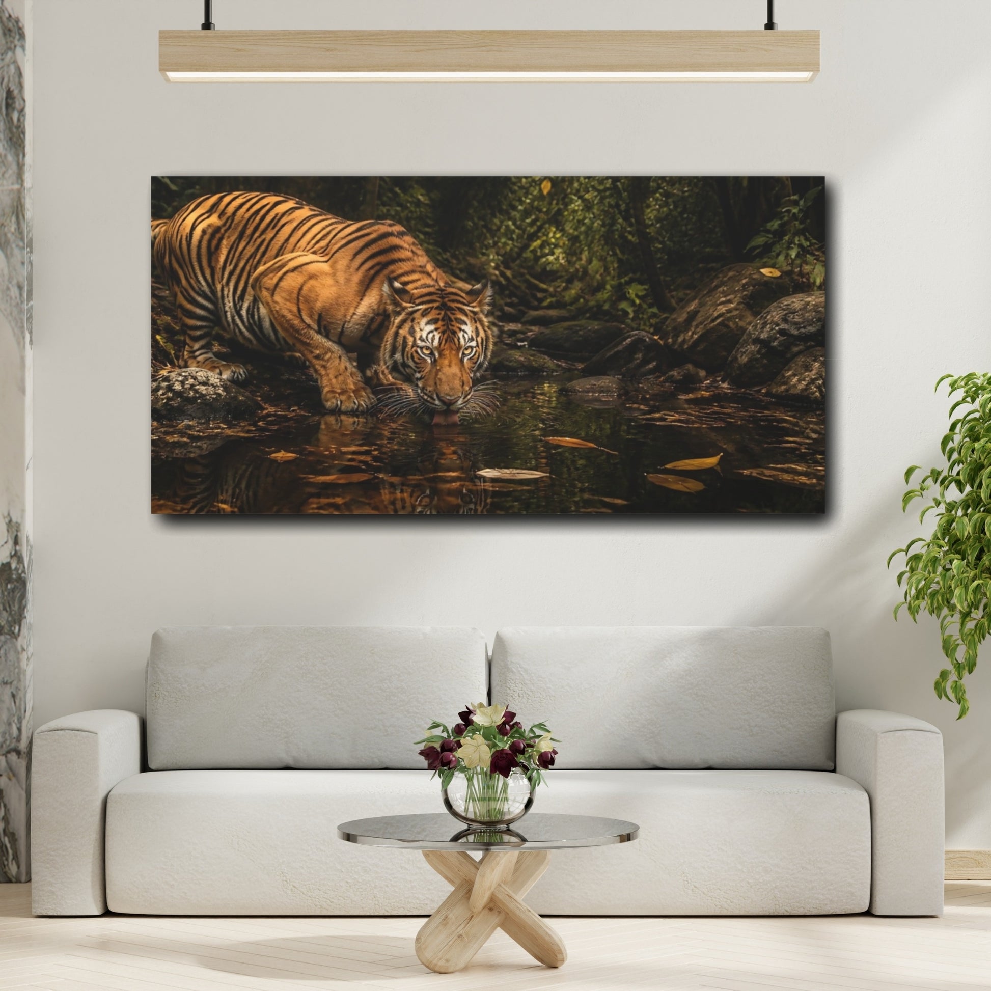 Mockup 2. Jungle Tiger Drinking shown as canvas print