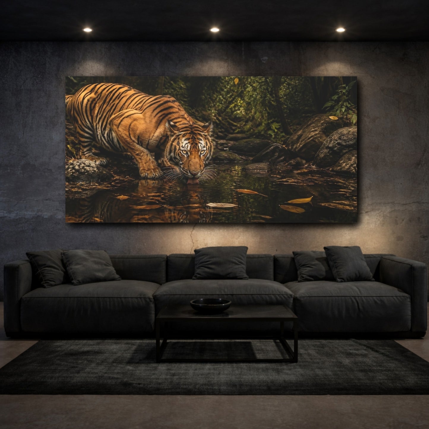 Mockup 3. Jungle Tiger Drinking shown as canvas print