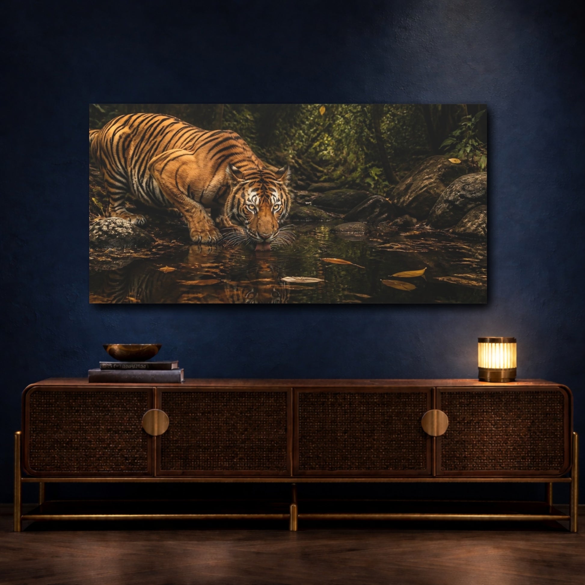 Mockup 4. Jungle Tiger Drinking shown as canvas print