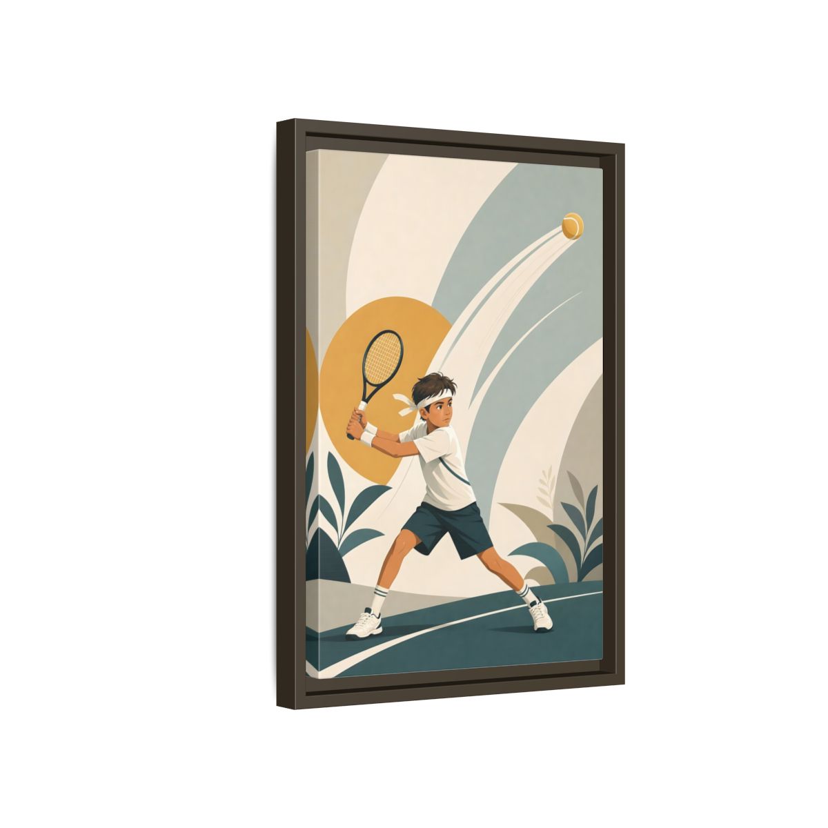 Side Mockup 5. Junior Tennis Serve shown as framed canvas print