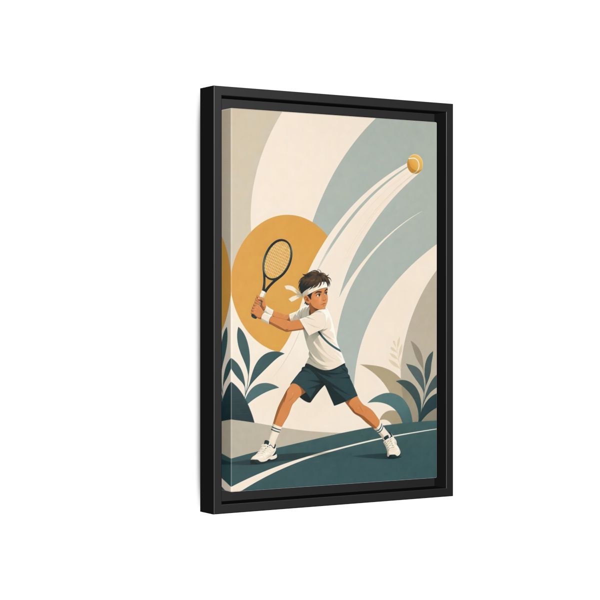 Side Mockup 6. Junior Tennis Serve shown as framed canvas print