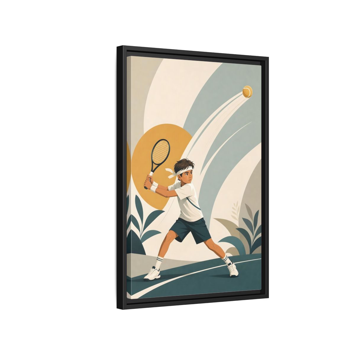 Side Mockup 3. Junior Tennis Serve shown as framed canvas print