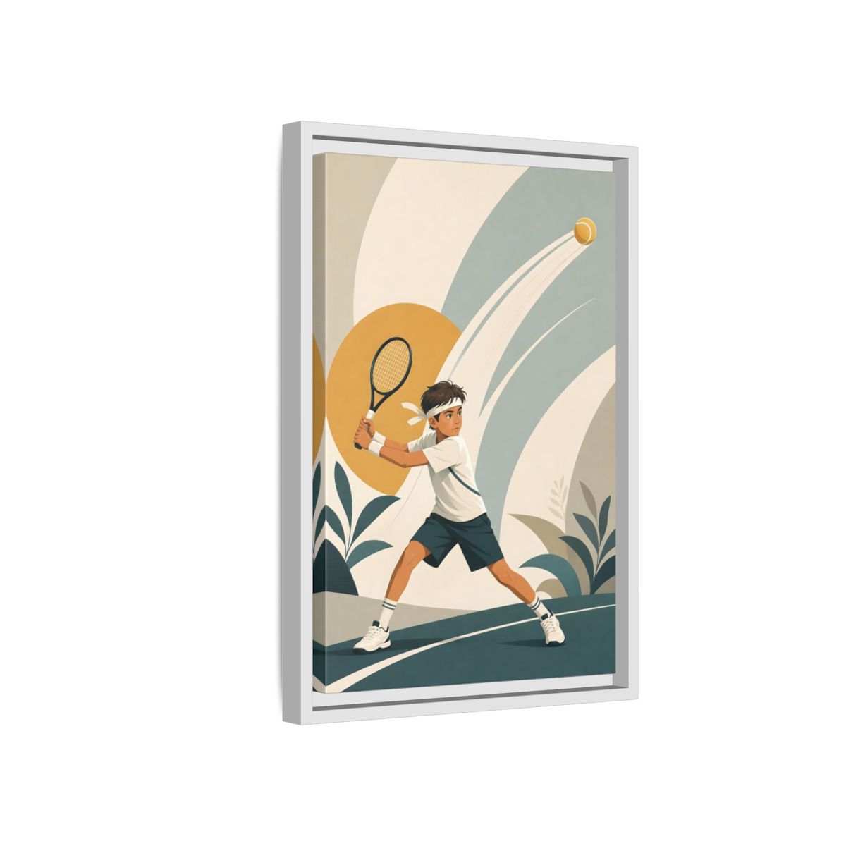 Side Mockup 4. Junior Tennis Serve shown as framed canvas print