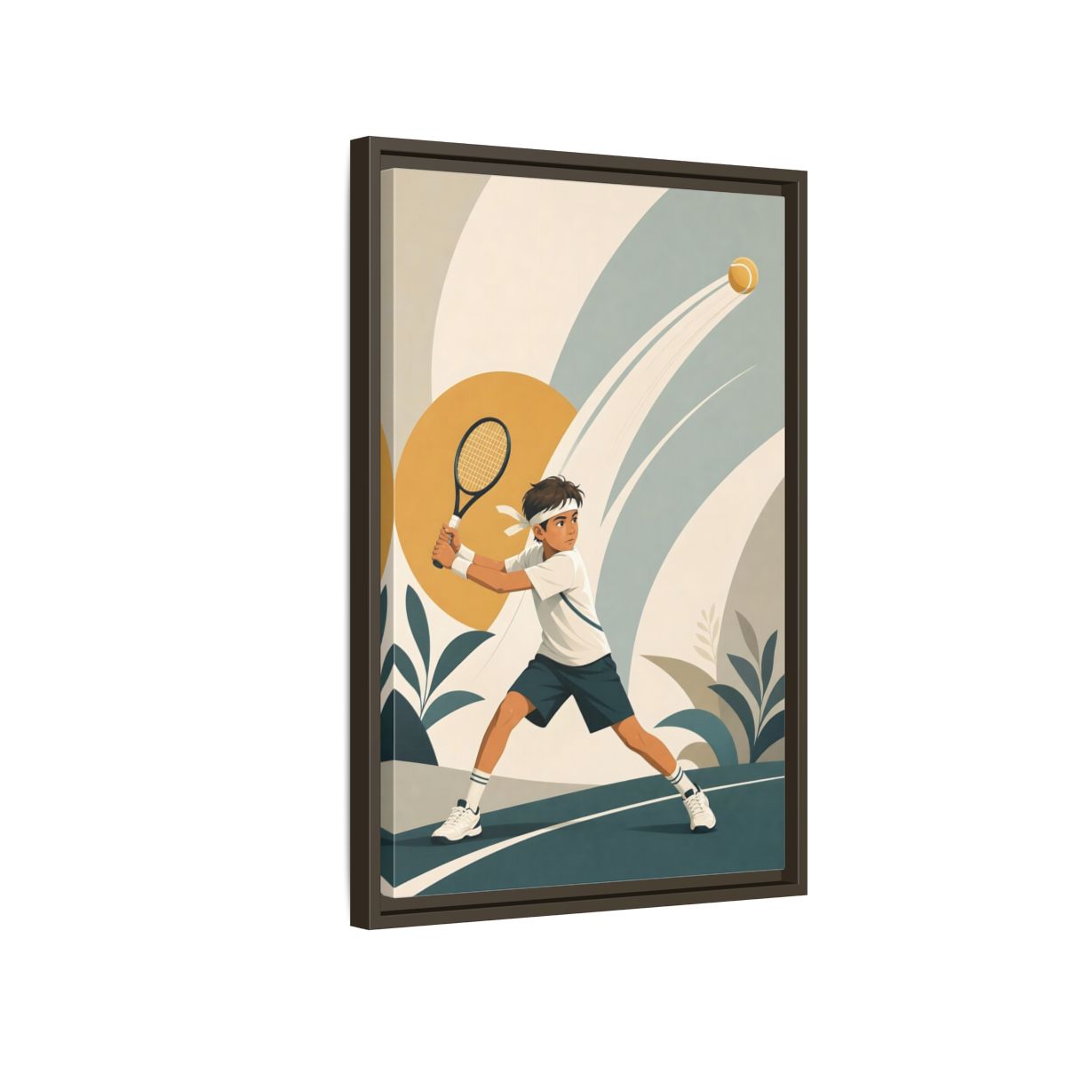 Side Mockup 2. Junior Tennis Serve shown as framed canvas print