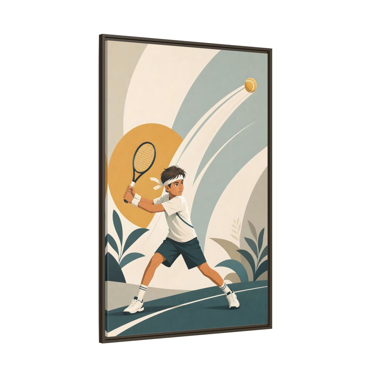 Side Mockup 8. Junior Tennis Serve shown as framed canvas print