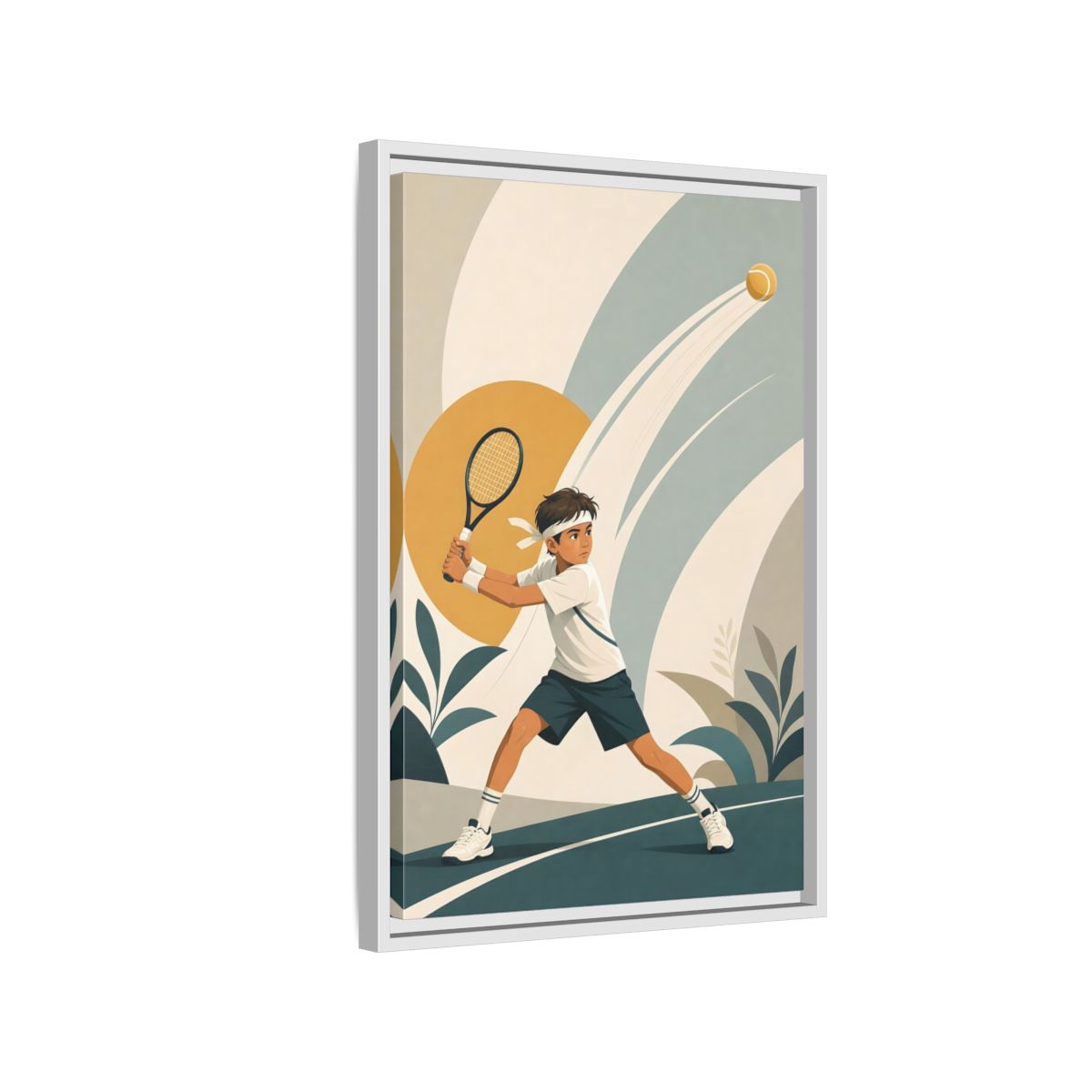 Side Mockup 1. Junior Tennis Serve shown as framed canvas print
