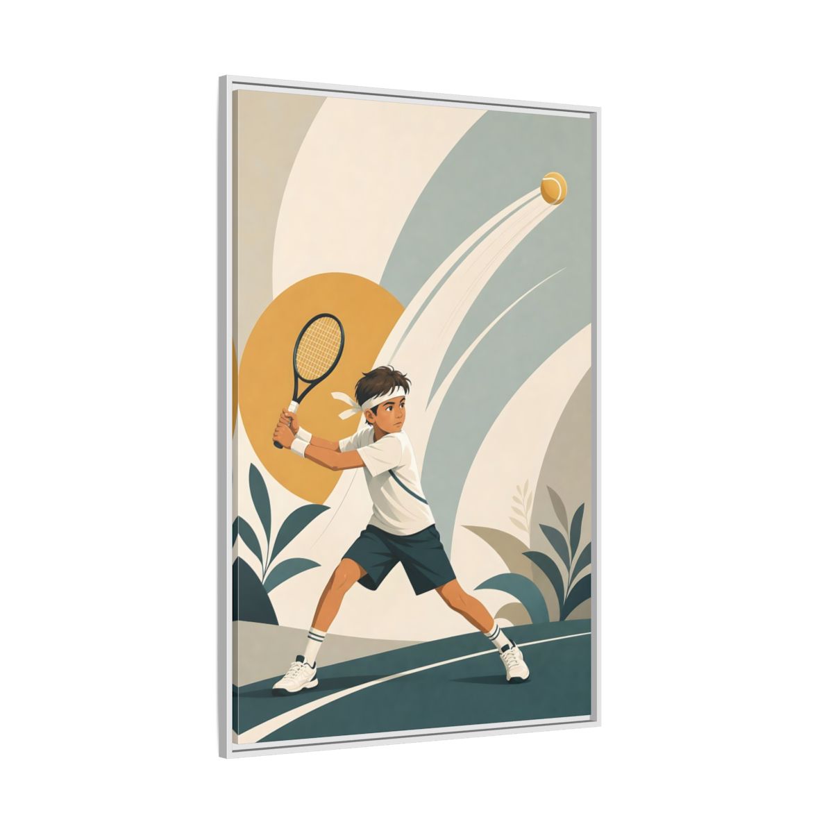 Side Mockup 7. Junior Tennis Serve shown as framed canvas print