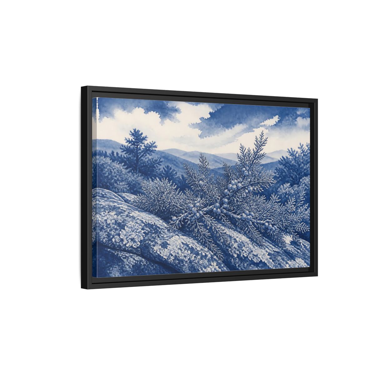Side Mockup 3. Juniper On Stone Ledge shown as framed canvas print