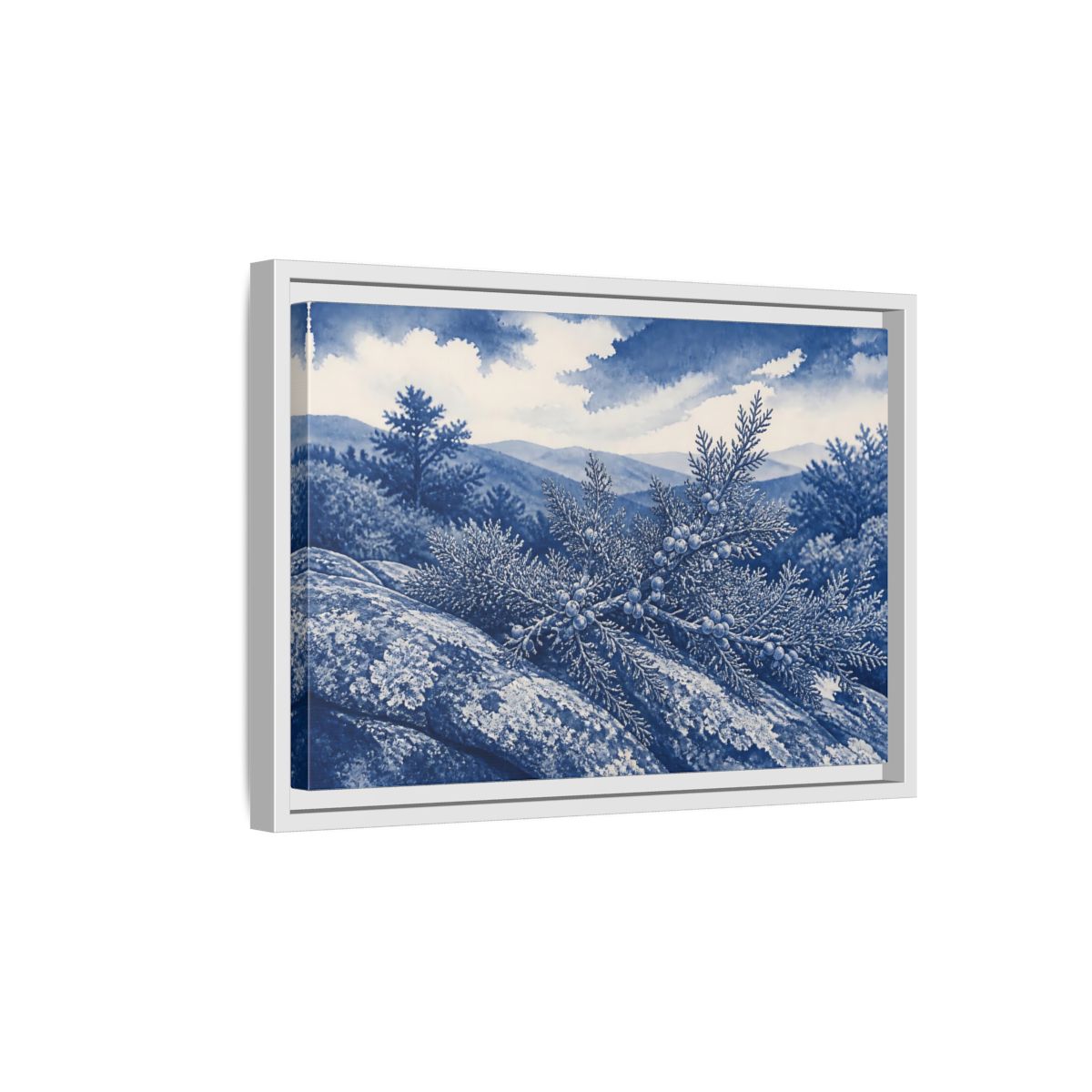 Side Mockup 4. Juniper On Stone Ledge shown as framed canvas print