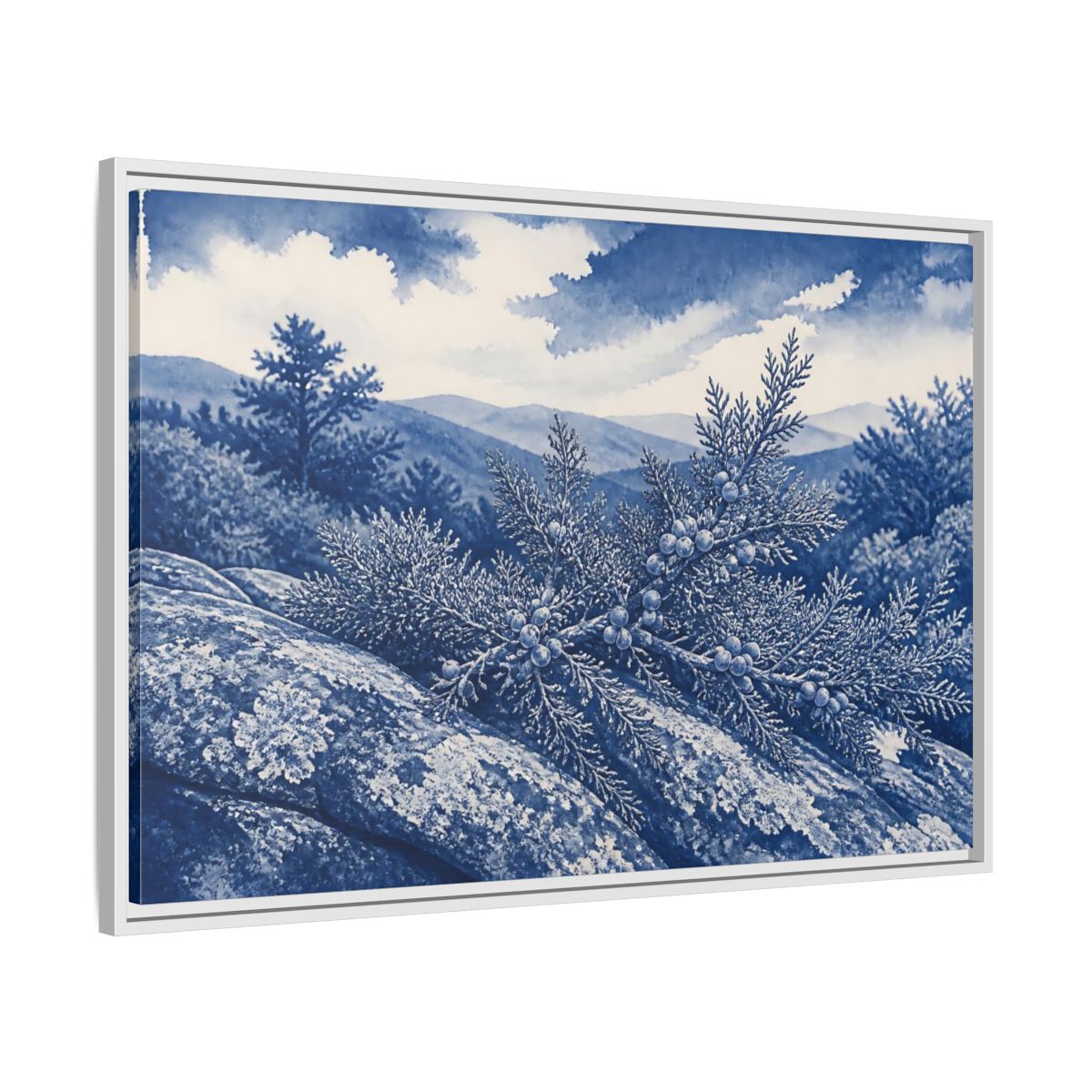 Side Mockup 9. Juniper On Stone Ledge shown as framed canvas print