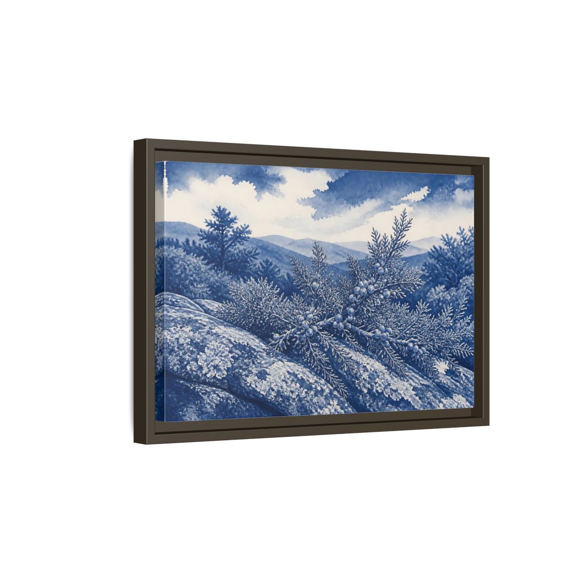 Side Mockup 5. Juniper On Stone Ledge shown as framed canvas print