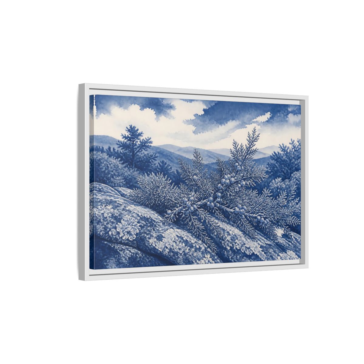Side Mockup 1. Juniper On Stone Ledge shown as framed canvas print