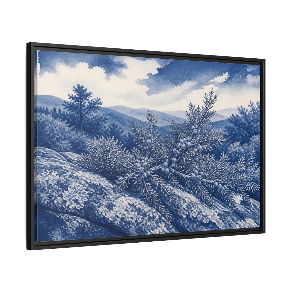 Side Mockup 13. Juniper On Stone Ledge shown as framed canvas print