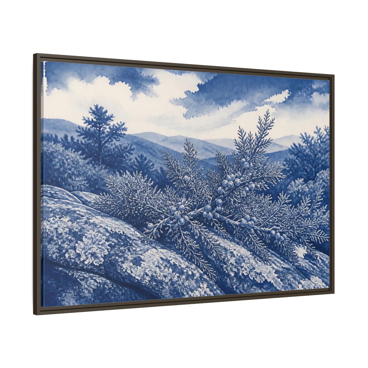 Side Mockup 8. Juniper On Stone Ledge shown as framed canvas print