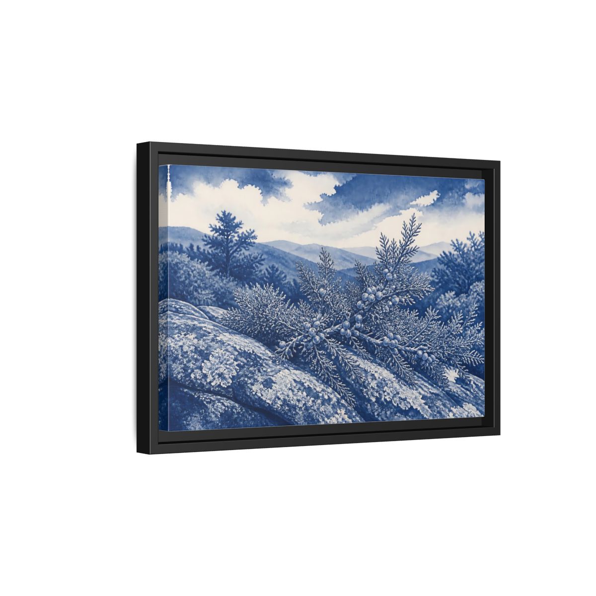 Side Mockup 6. Juniper On Stone Ledge shown as framed canvas print
