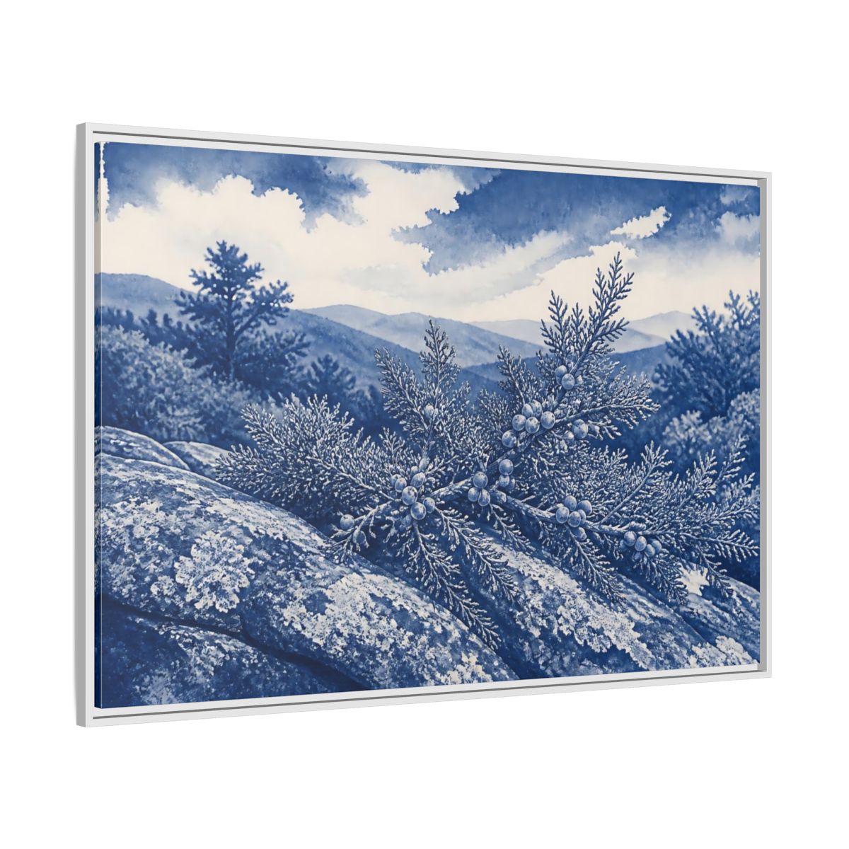Side Mockup 7. Juniper On Stone Ledge shown as framed canvas print
