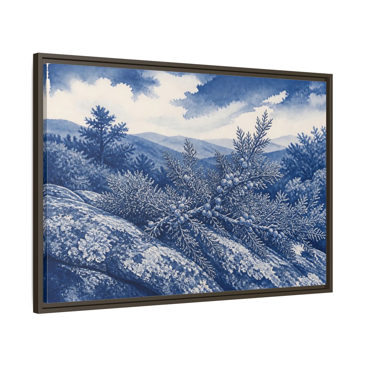 Main Mockup. Juniper On Stone Ledge shown as framed canvas print