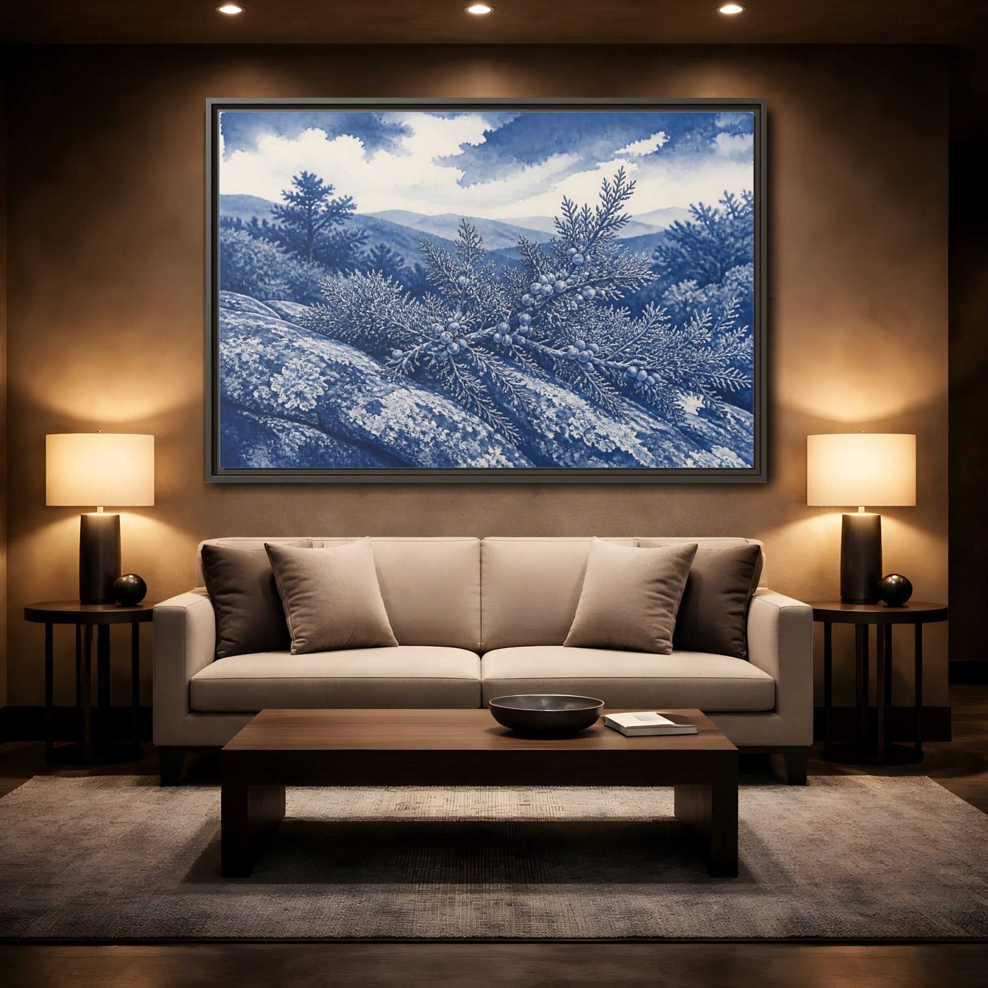 Mockup 2. Juniper On Stone Ledge shown as framed canvas print