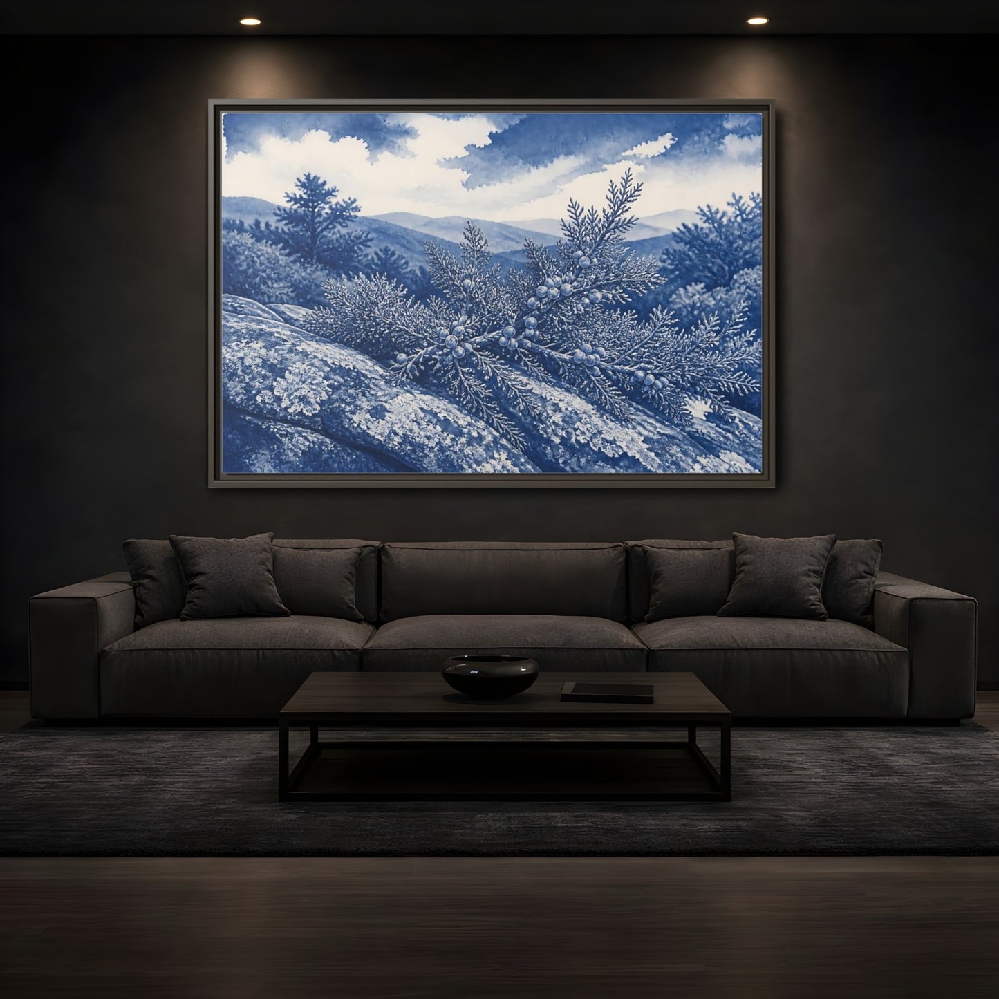 Mockup 3. Juniper On Stone Ledge shown as framed canvas print