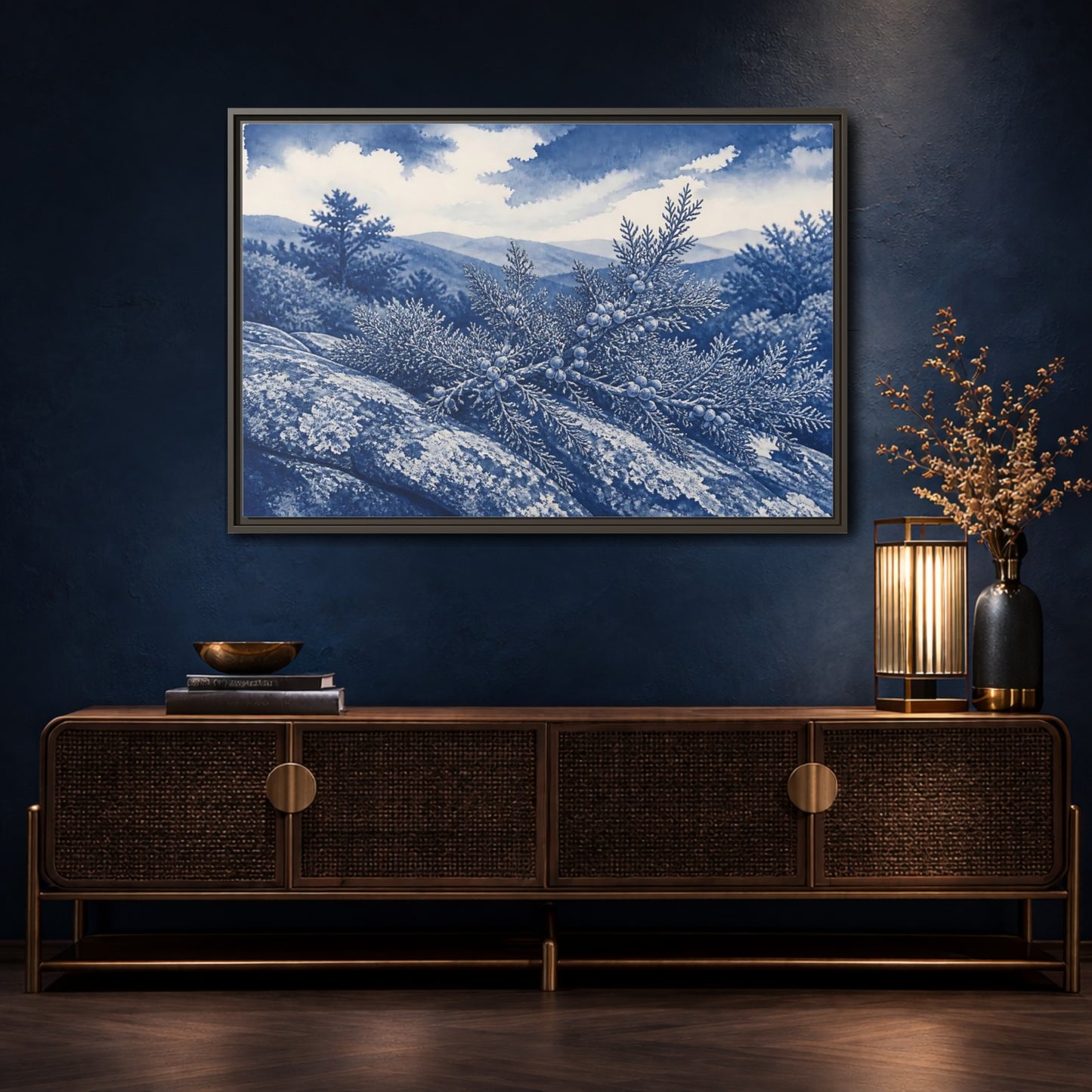 Mockup 4. Juniper On Stone Ledge shown as framed canvas print