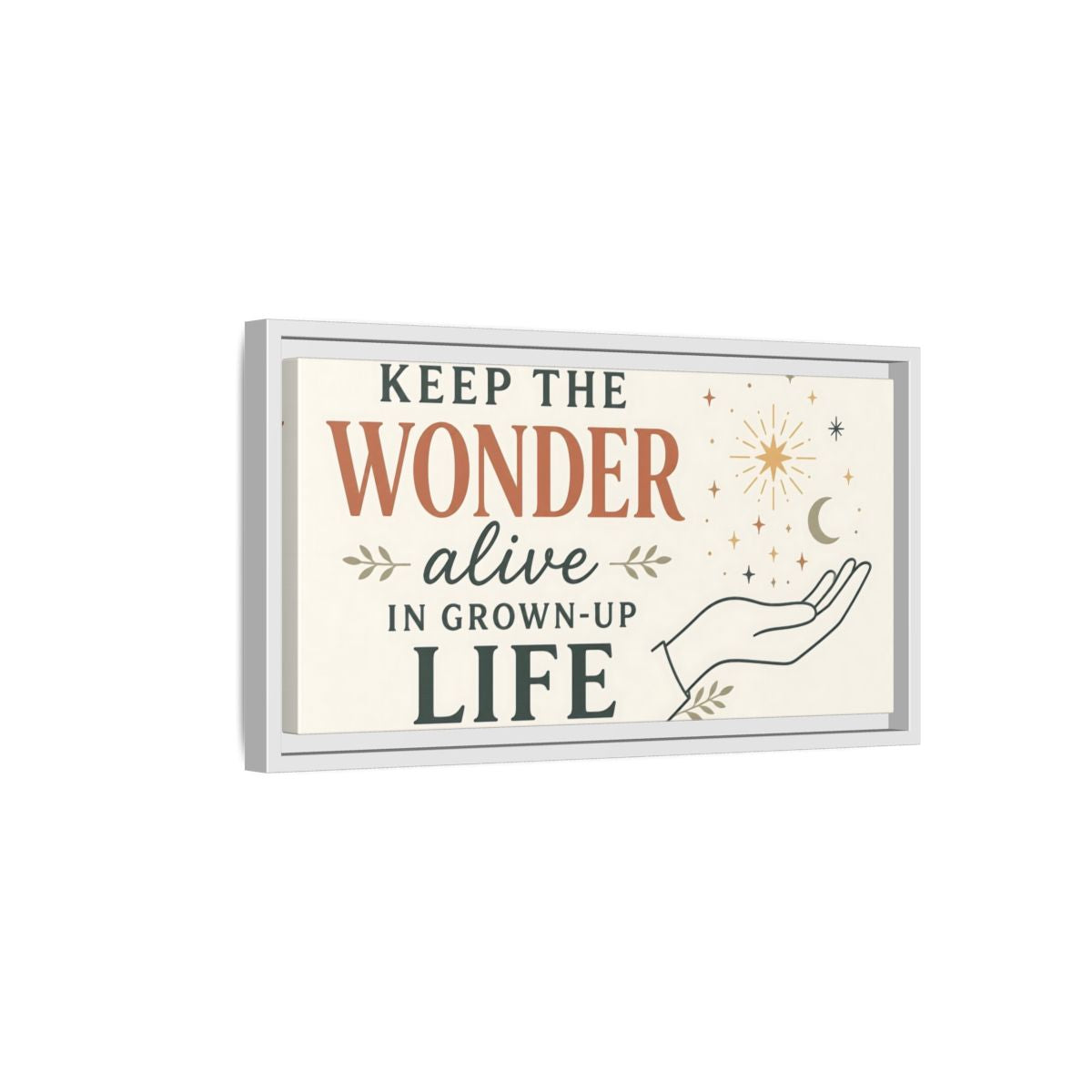 Side Mockup 6. Keep The Wonder Quote shown as framed canvas print