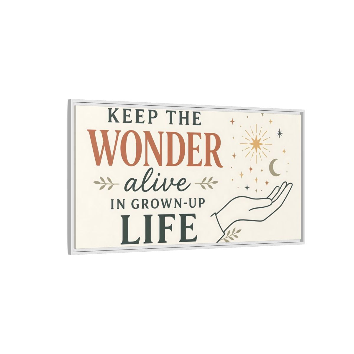 Side Mockup 3. Keep The Wonder Quote shown as framed canvas print