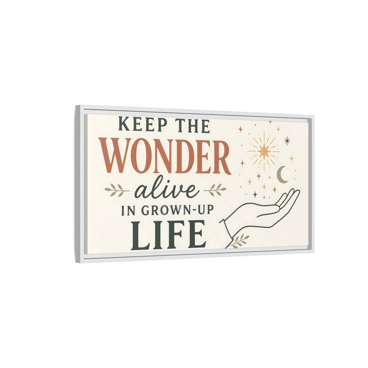 Side Mockup 1. Keep The Wonder Quote shown as framed canvas print