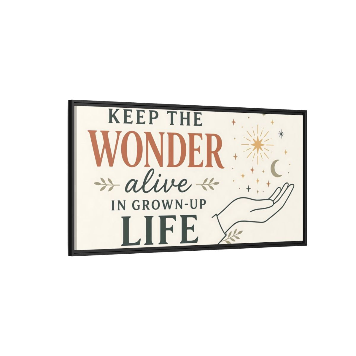 Side Mockup 5. Keep The Wonder Quote shown as framed canvas print