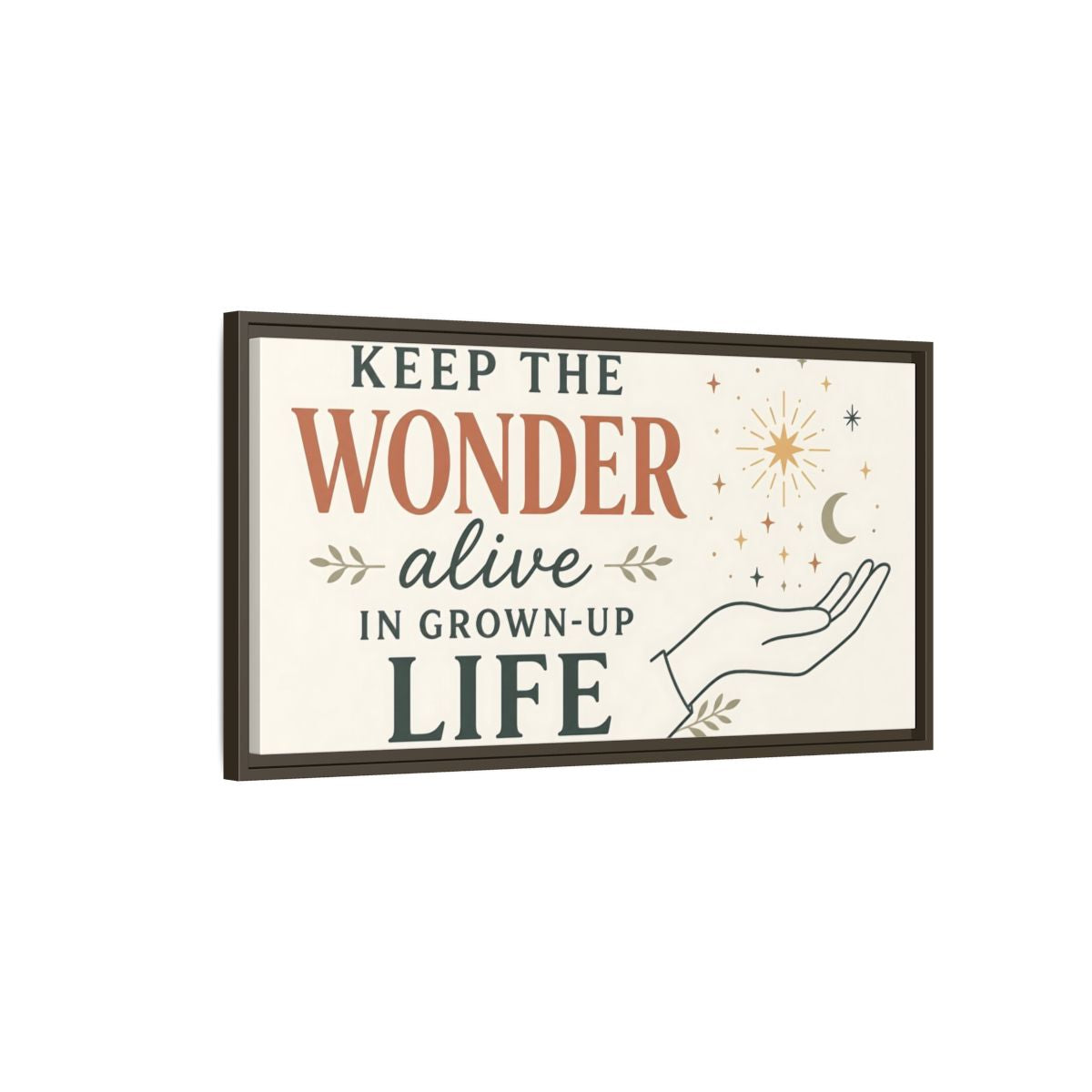 Main Mockup. Keep The Wonder Quote shown as framed canvas print