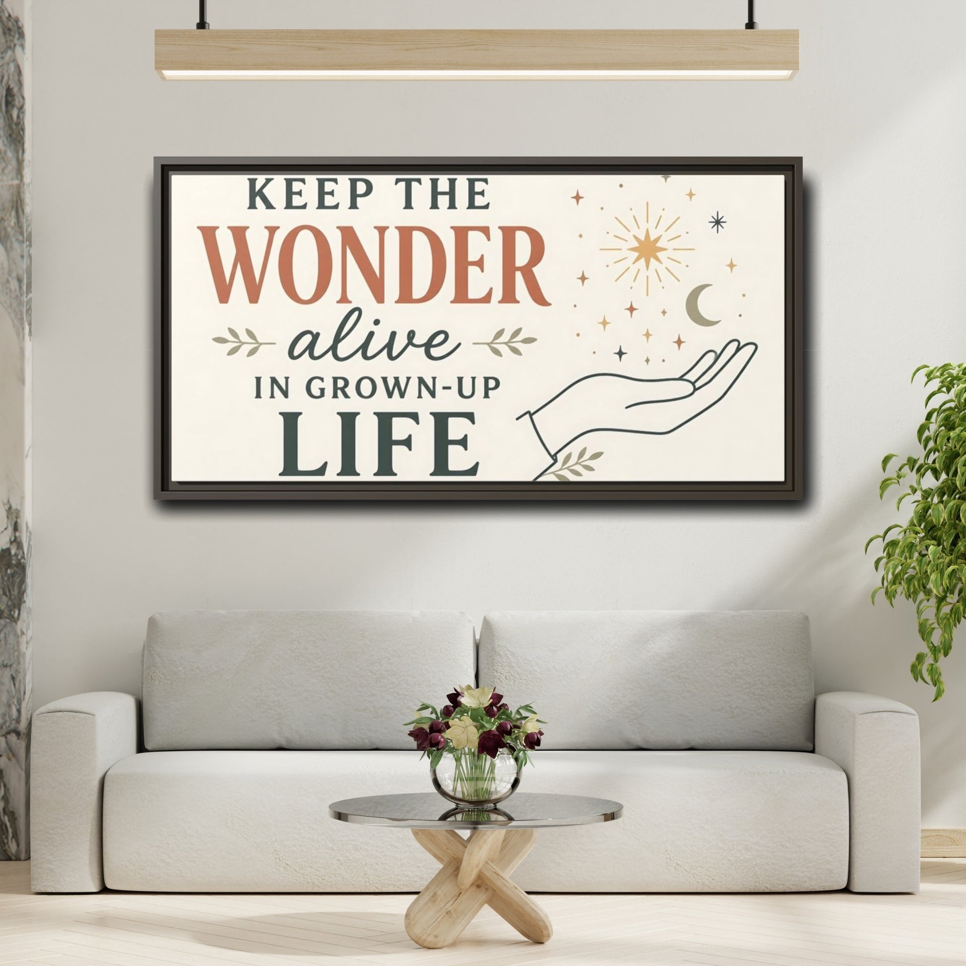 Mockup 2. Keep The Wonder Quote shown as framed canvas print