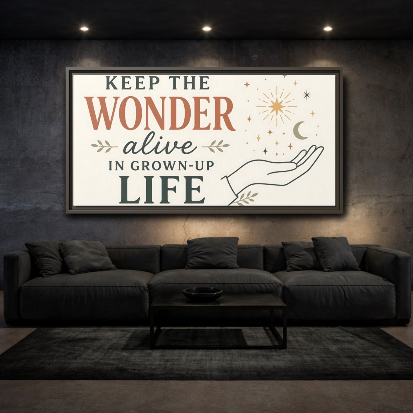Mockup 3. Keep The Wonder Quote shown as framed canvas print