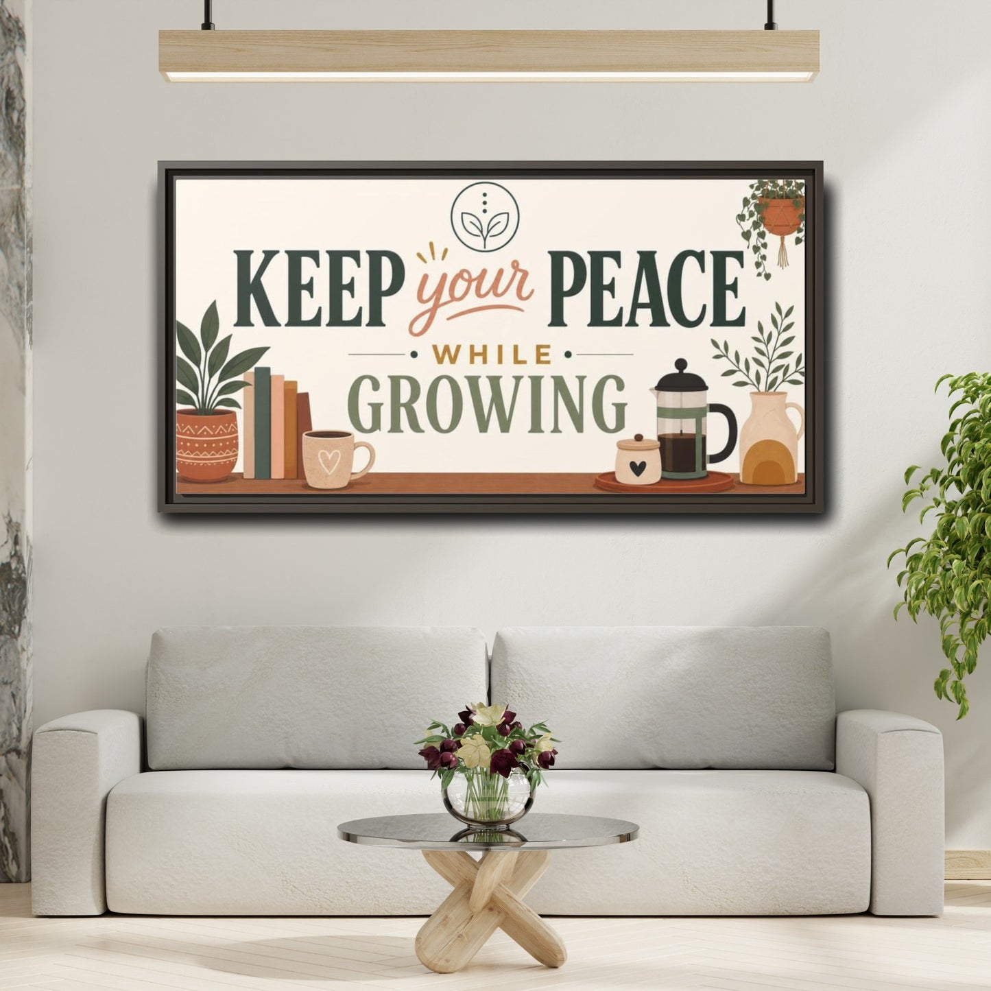 Mockup 2. Keep Your Peace While Growing shown as framed canvas print