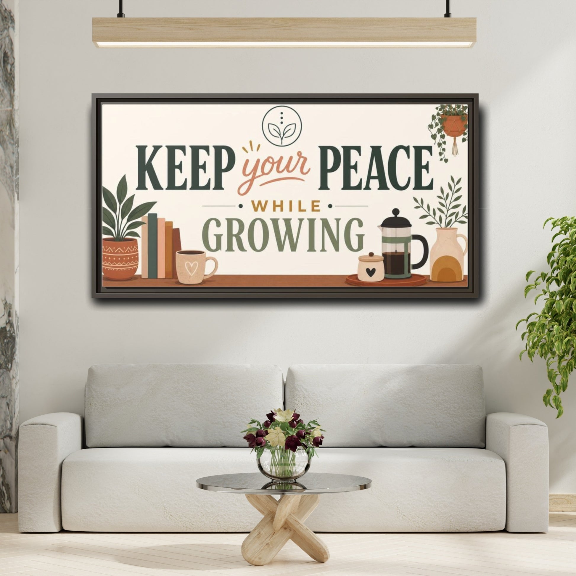 Mockup 2. Keep Your Peace While Growing shown as framed canvas print