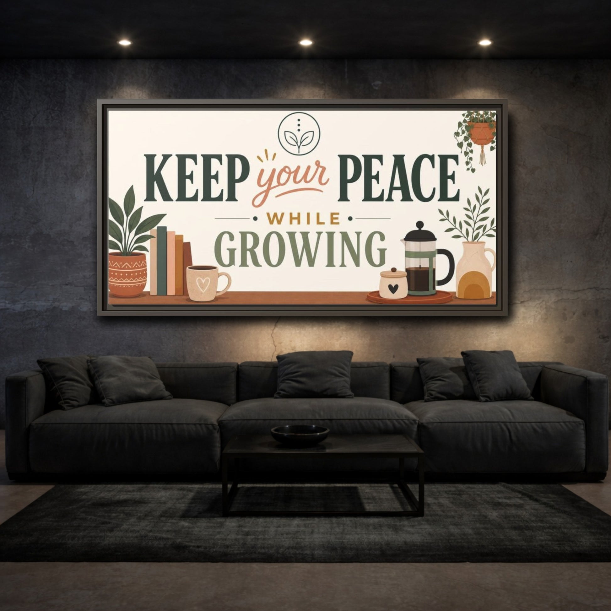 Mockup 3. Keep Your Peace While Growing shown as framed canvas print