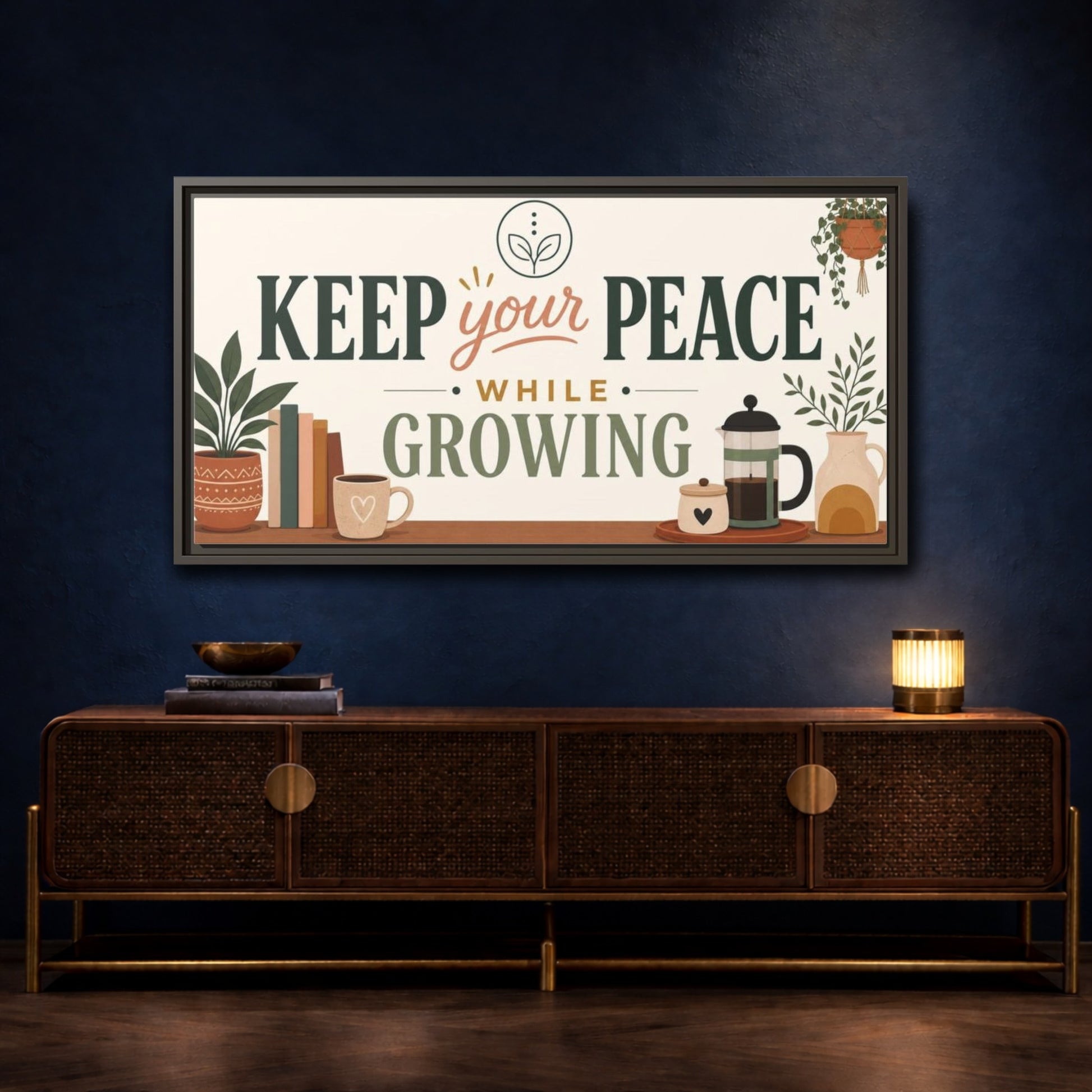 Mockup 4. Keep Your Peace While Growing shown as framed canvas print