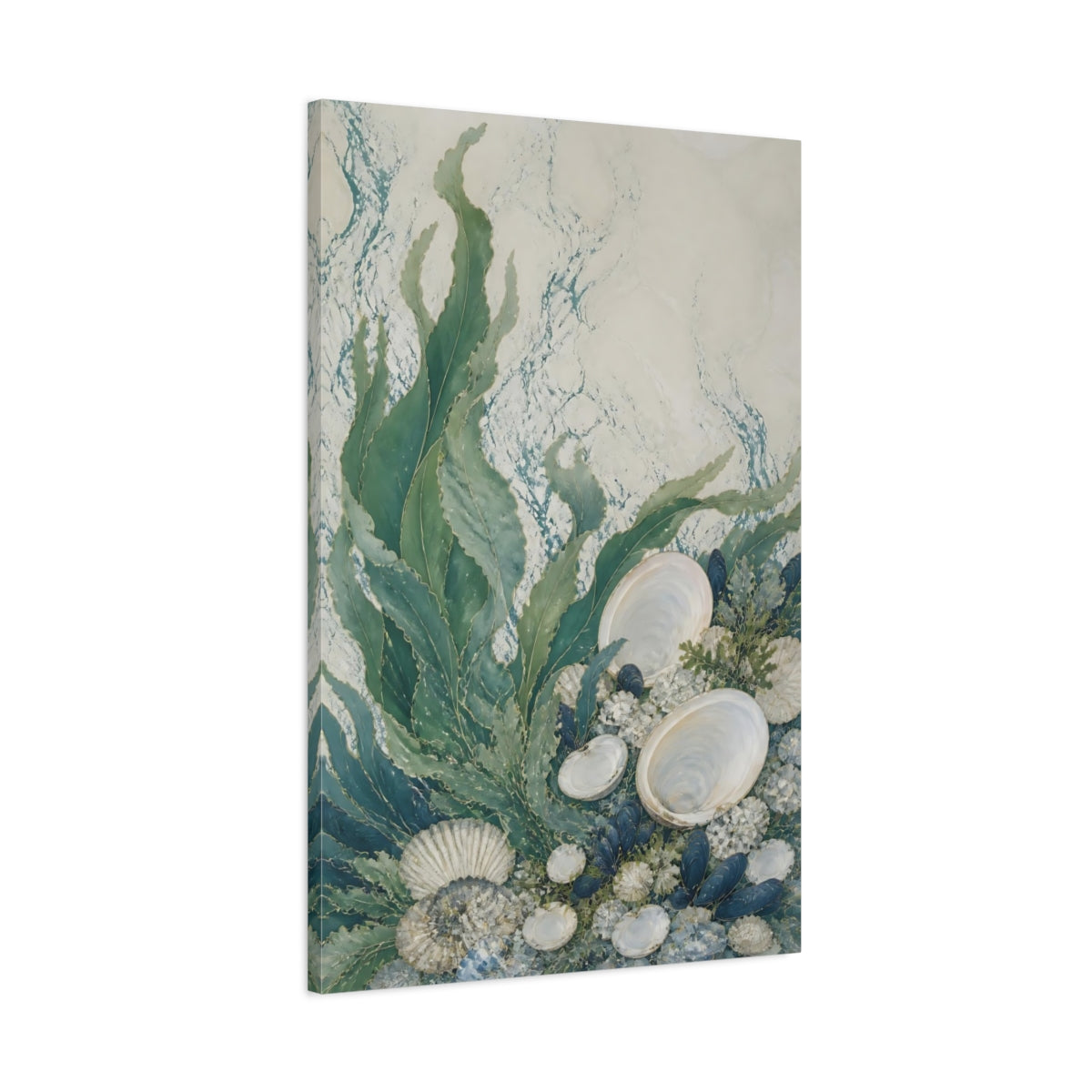 Main Mockup. Kelp And Moon Shells shown as canvas print