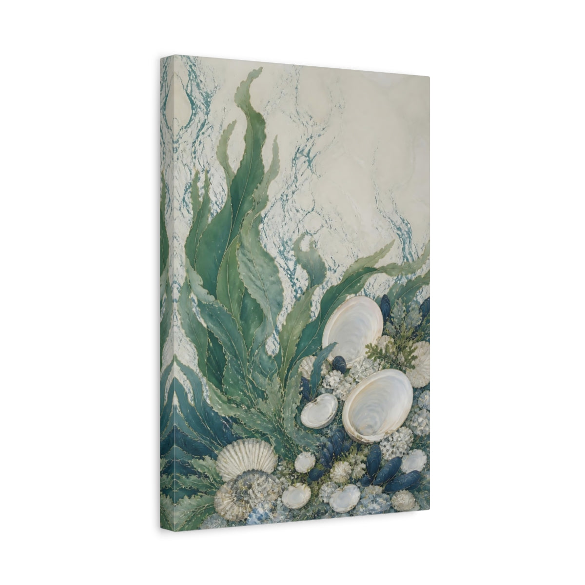 Side Mockup 4. Kelp And Moon Shells shown as canvas print
