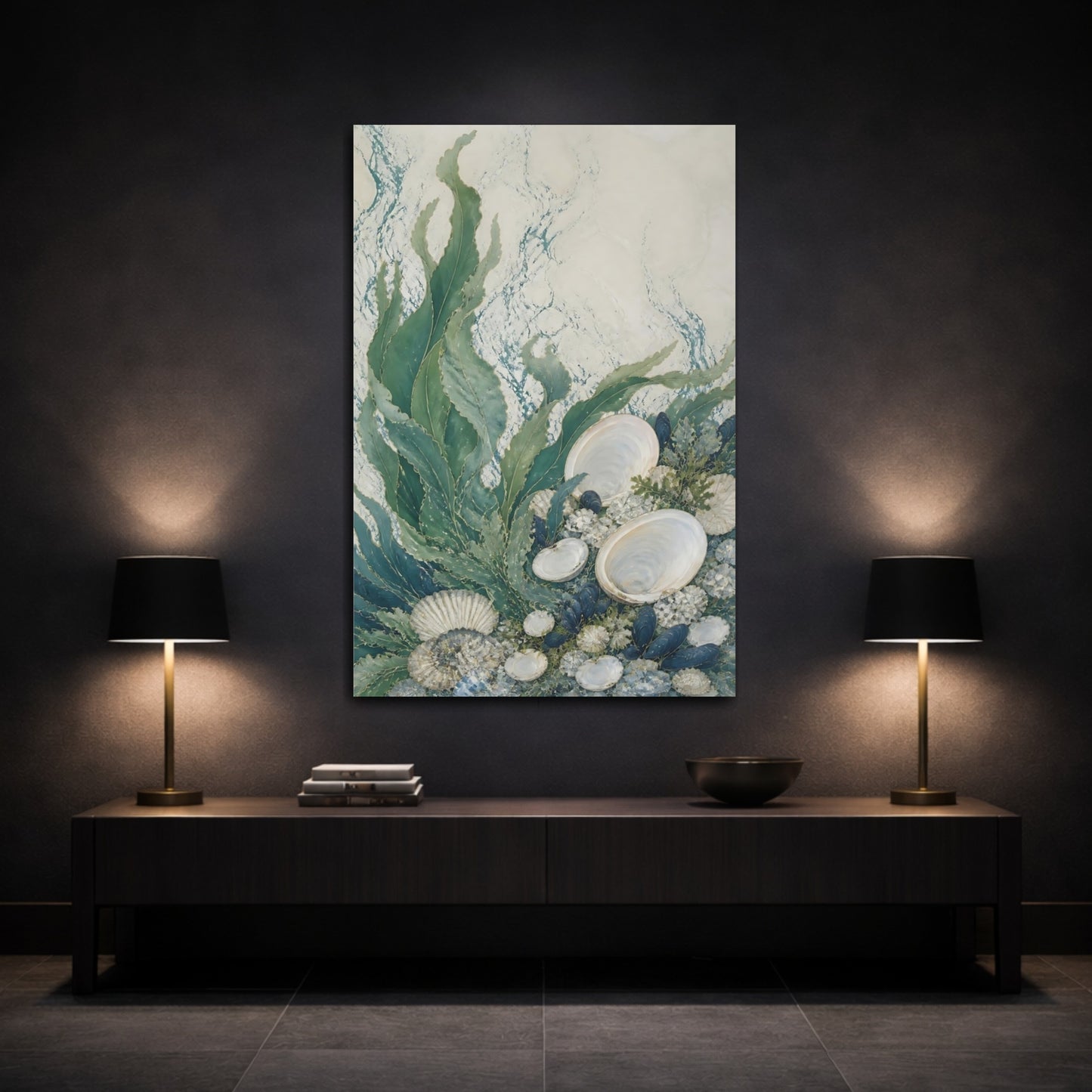 Mockup 3. Kelp And Moon Shells shown as canvas print