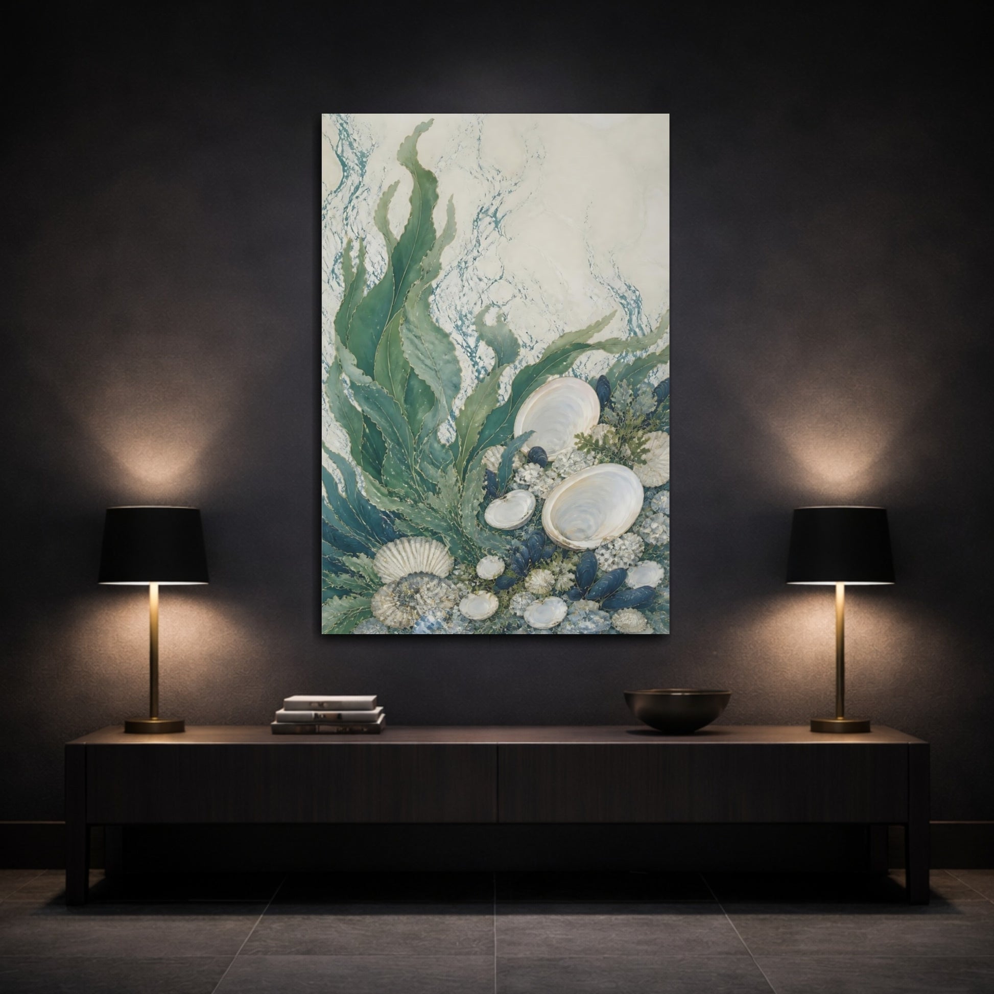 Mockup 3. Kelp And Moon Shells shown as canvas print