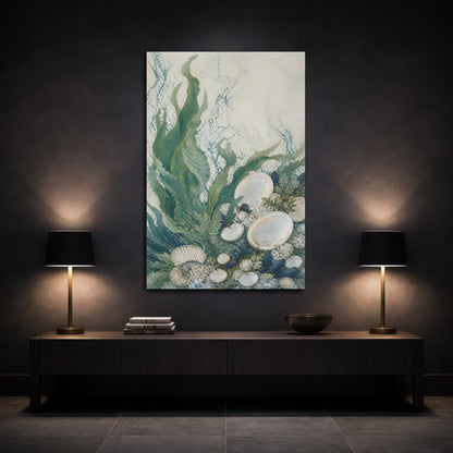 Mockup 3. Kelp And Moon Shells shown as canvas print