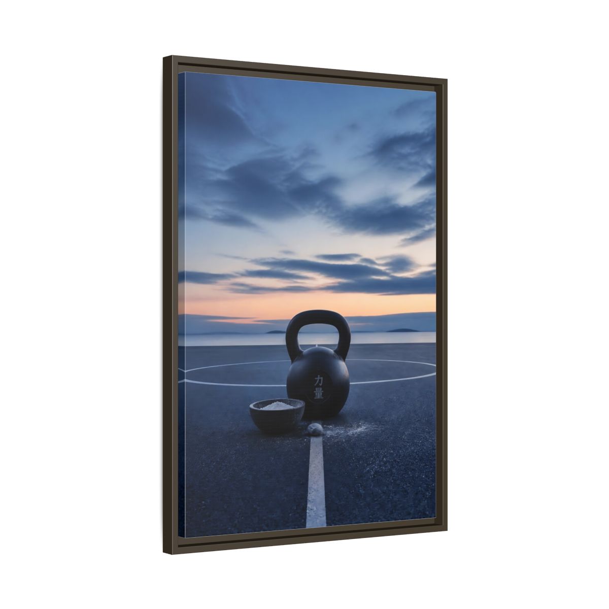 Side Mockup 11. Kettlebell At Dusk shown as framed canvas print