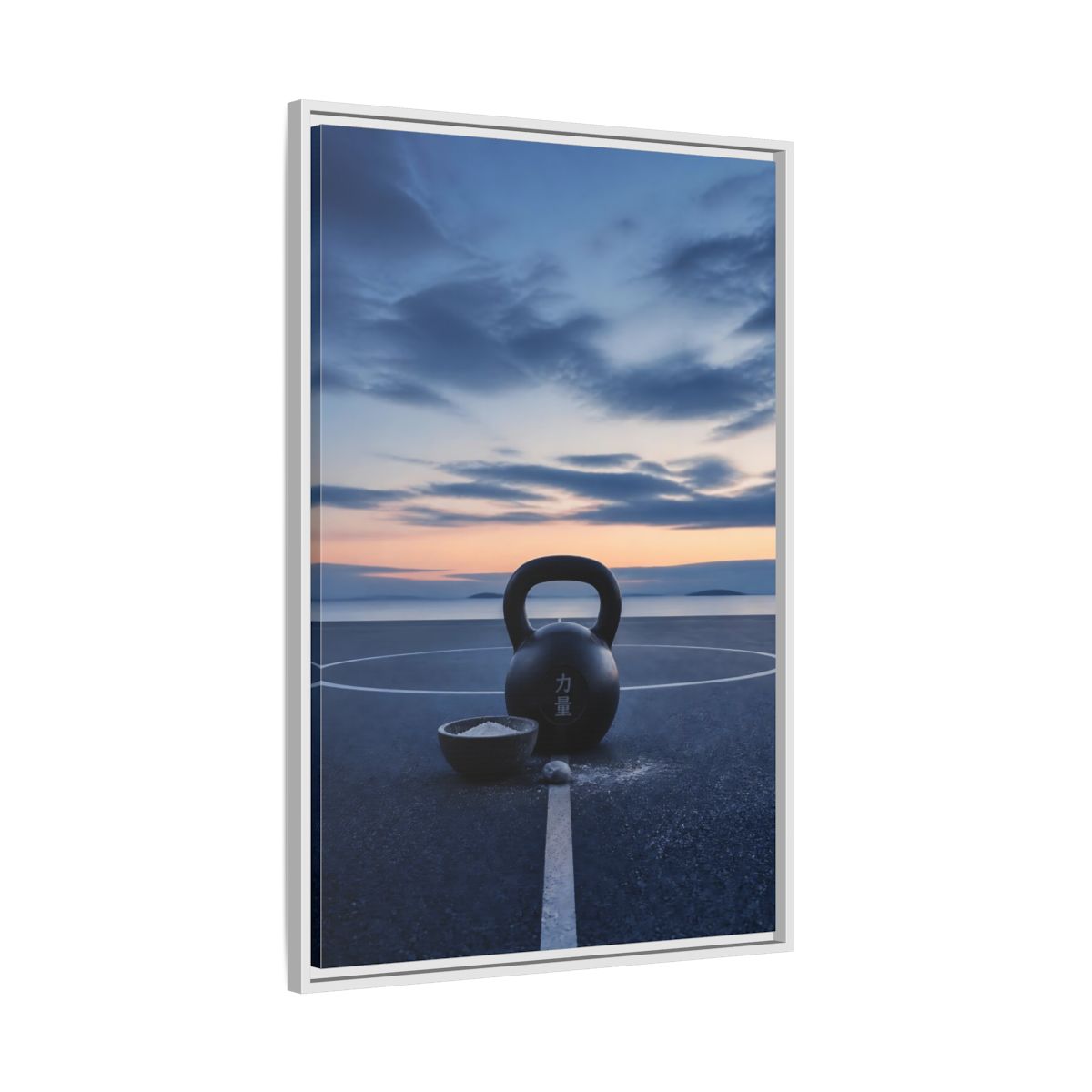 Side Mockup 9. Kettlebell At Dusk shown as framed canvas print