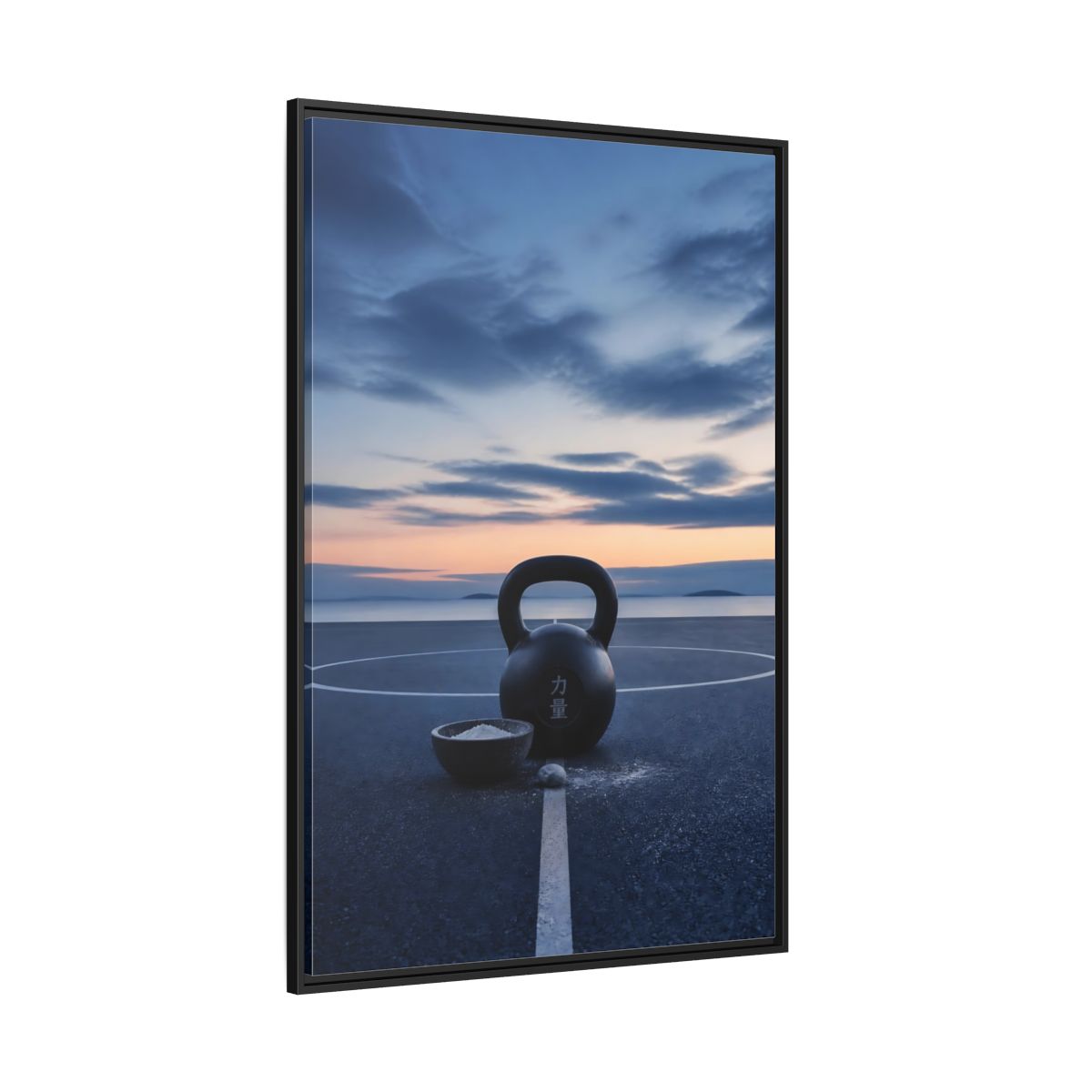 Side Mockup 12. Kettlebell At Dusk shown as framed canvas print